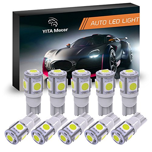 YITAMOTOR 10 PCS T10 Wedge 5-SMD 5050 Cool White LED Light Bulbs W5W 2825 158 192 168 194 12V DC