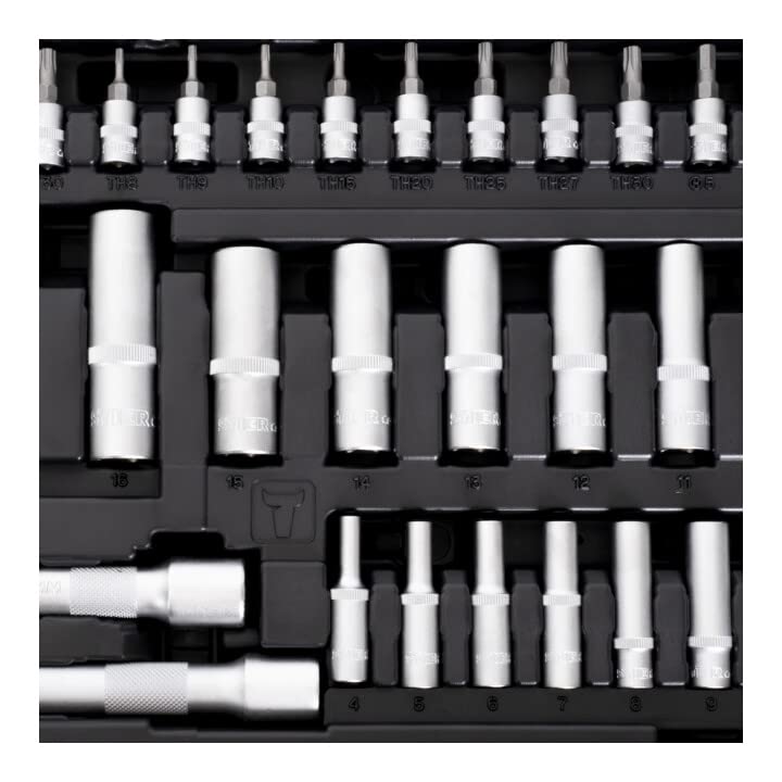 STIER Steckschlüssel Satz, 179-teilig, 1/2 Zoll 1/4 Zoll & 3/8 Zoll Umschaltknarre, Sechskant-Steckschlüsseleinsatz, Torx- Schlitz- Phillips- Pozidrive- Bit-Steckschlüsseleinsätze 7