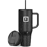 IRON °FLASK Co-Pilot Insulated Mug w/Straw & Flip Cap Lids - Cup Holder Bottle for Hot, Cold Drink - Leak-Proof- Water, Coffee Portable Travel Tumbler - Black Speckle, 40 Oz