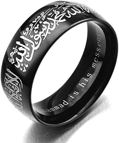 Van Unico Stainless Steel Black Muslim Islamic Ring with Shahada in Arabic and English 8MM Width Size 7-14