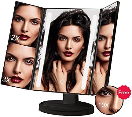 Makeup Vanity Mirror with 24 LED Lights,Tri-Fold Vanity Mirror, 3X 2X 1X Magnification mirror with Touch Screen and Removable 10X Magnification Spot Mirror,Dual Power Supply (Black)