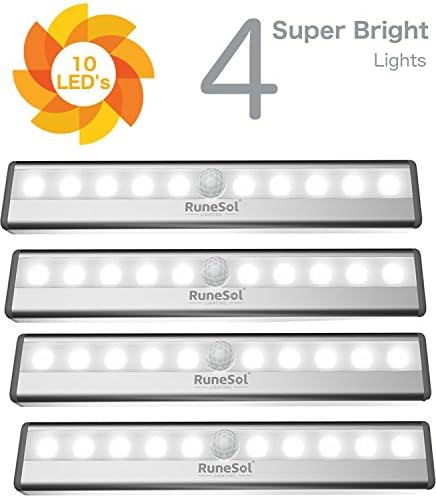 NEW! RuneSolยฎ LED Motion Sensor Light (10 LED, 4 Pack) | Battery LED Night Lights - Light up your Wardrobe, Closet, Bathroom/Kitchen Cabinet or Under Cabinet | Stick-On LED Motion Sensor Lighting