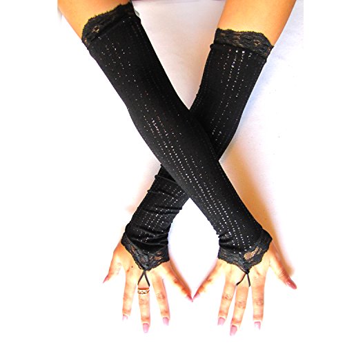 Black V loop Fingerless Gloves Sparkle Arm Warmers Opera