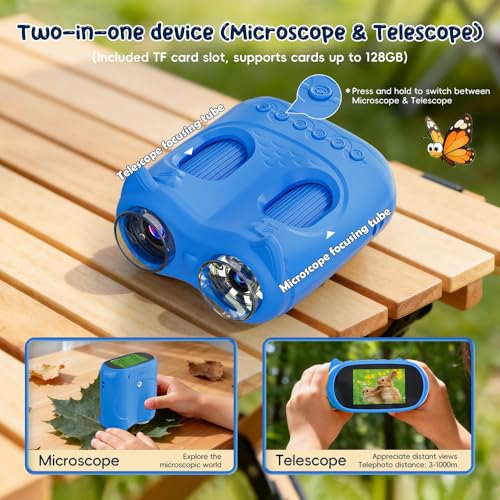 Temodu 2-in-1 Microscope for Children and Binoculars for Children, Toy, 4K 2.0 Inch Screen, for Observing, Hunting, Hiking, Rechargeable Portable Binoculars, Science Outdoor from 3 Years (Blue)