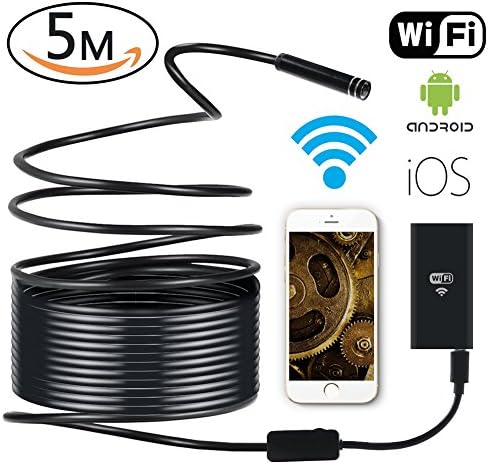 WiFi Wireless Endoscope Inspection Camera Waterproof IP67 2.0 Megapixels 720P HD Snake Camera borescope with 8 adjustable LED Light for Android and IOS Smartphone iPhone Samsung Tablet PC (8MM 5M)