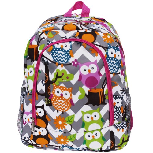 White & Grey Chevron Owl Print School Backpack Bookbag (Hotpink)