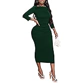 Women's Sexy 3/4 Sleeve Midi Dress Ruched Bodycon Solid Evening Party Vintage Church Dresses