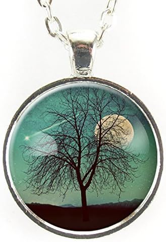 Tree And Shooting Star With Moon Necklace, On Teal Blue