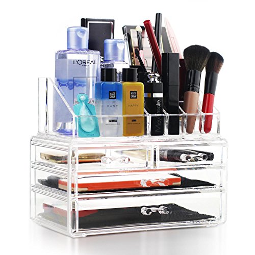 Unique Home New Design Bottom Layer Increase Fits Most Conceal Acrylic Makeup Organizer and Cosmetic Make Up Organizer Countertop Storage Box Brush Holder Clear Jewelry Organizer Bathroom Vanity Tray
