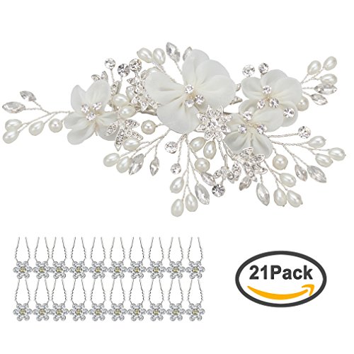 ANBALA Bridal Flower Side Hair Clips, Crystal Rhinestones Pearls Women Wedding Hair Clips with 20 Pcs Crystal Hair Pins Headpiece for Brides, 21 Pcs in Total