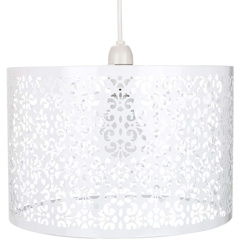Unique Moroccan Designed Large White Metal Circular Pendant Light Shade with Floral Decor | 40cm Diameter | Maximum 60watt Bulb Allowed by Happy Homewares