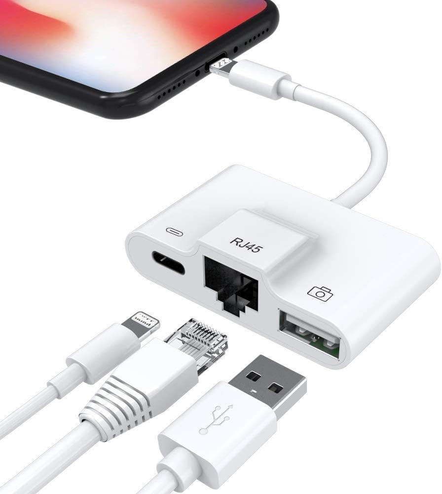 FLYLAND RJ45 Ethernet LAN Wired Network Adapter, 10/100Mbps Pad/Phone Ethernet Adapter, OTG USB Camera Reader Adapter & Charging Port in 3 in 1 Ethernet cable, Required iOS 10.0 or Up