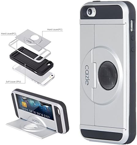 iPhone SE, iPhone 5S iPhone 5, Dual-layer Heavy Duty Cover with Slider ID Credit Card Slot Cash Holder Foldable Kickstand for Apple iPhone SE iPhone 5S iPhone 5 by Cazle (Silver)