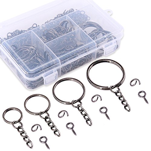 Swpeet 300Pcs Black Key Chain Rings Kit, 100Pcs Keychain Rings with Chain and 100Pcs Jump Ring with 100Pcs Screw Eye Pins Bulk for Jewelry Findings Making - 3/5 inch, 4/5 inch, 1 inch, 6/5 inch