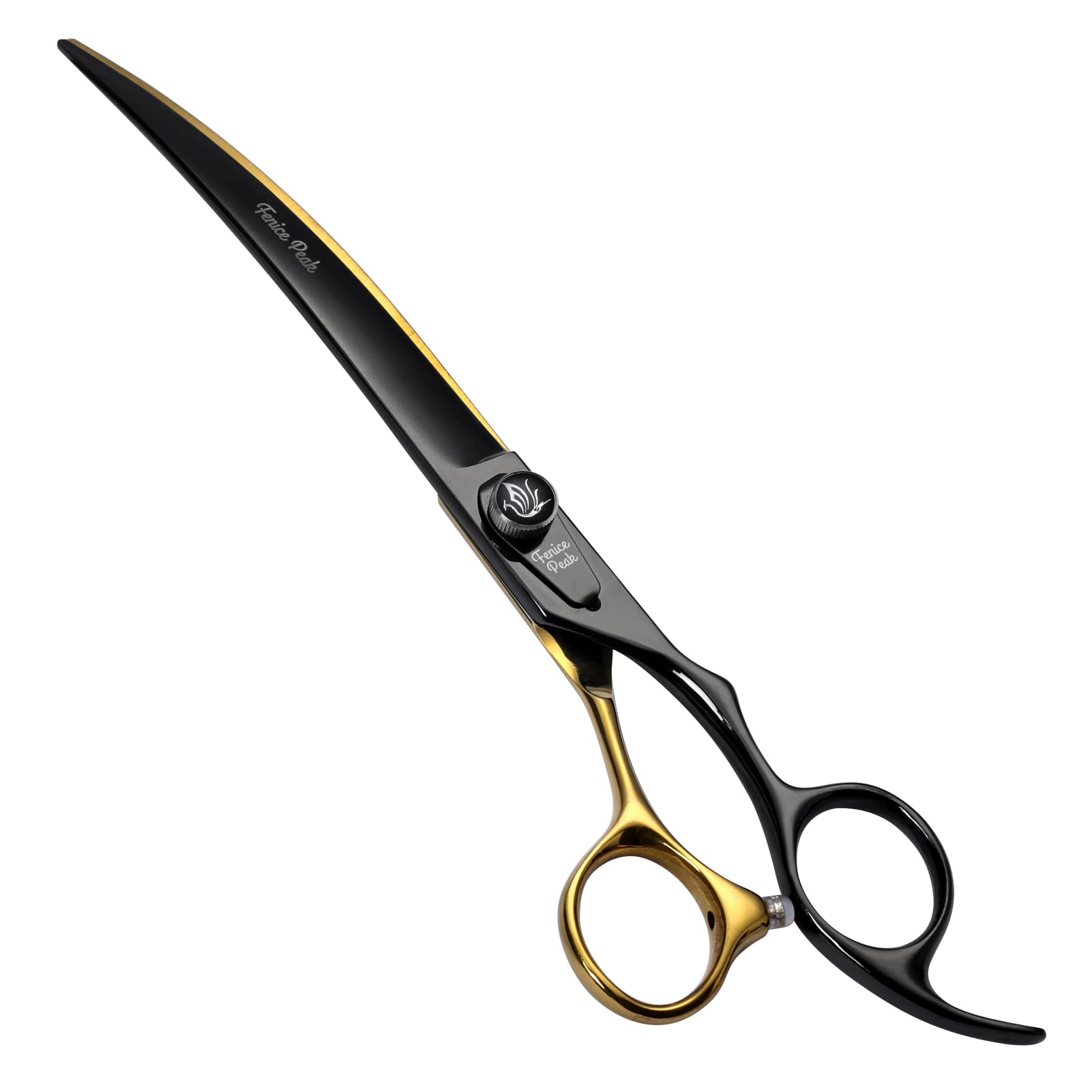 Photo 1 of Fenice Peak 8'' Black Dog Grooming Scissors Goldern Curved Scissors with Ergonomic Offest Handle and Pattern Screw Pet Grooming Trimming Shears Durable and Sharp 440C