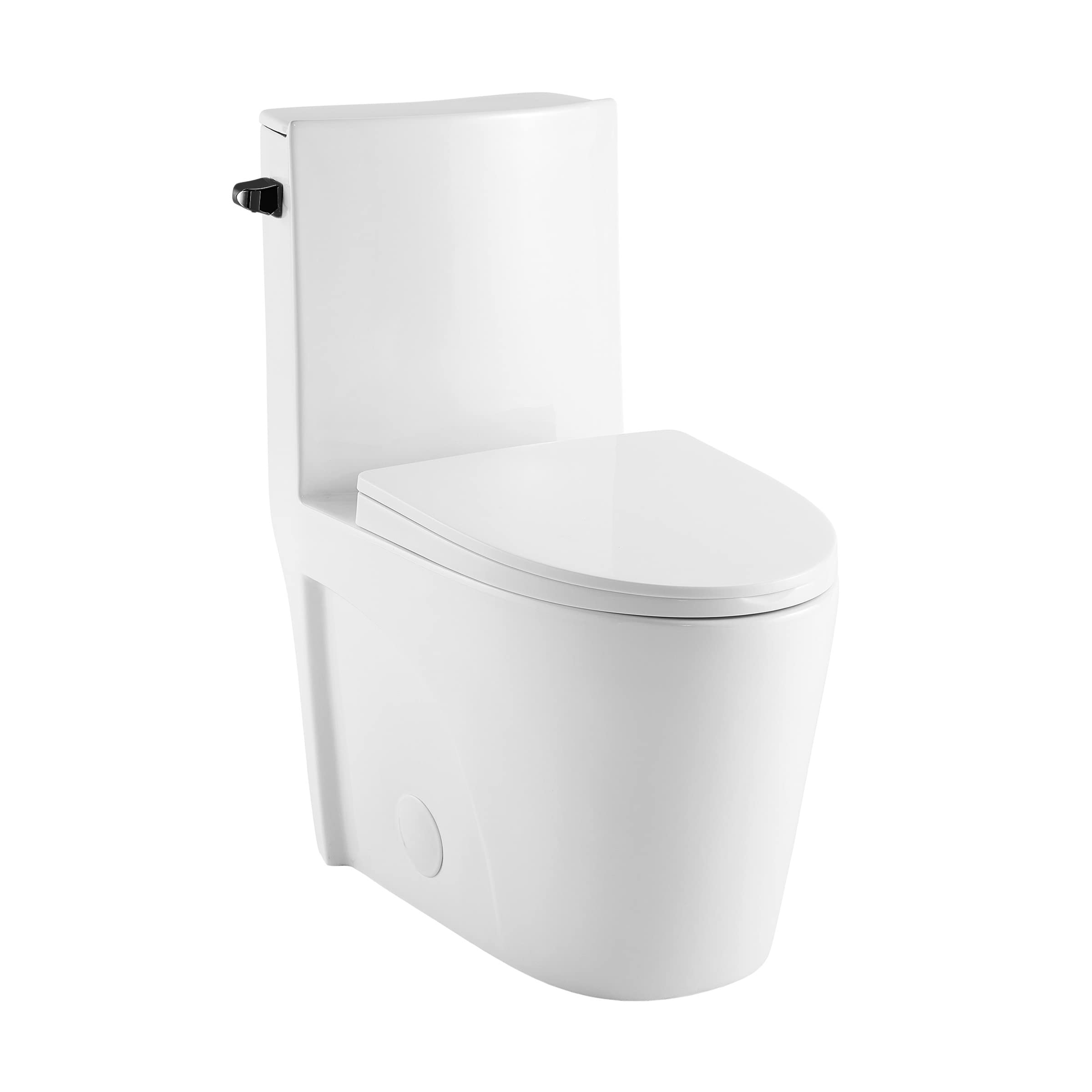 Photo 1 of Swiss Madison St. Tropez One Piece Elongated Toilet Side Flush 1.28 gpf with Black Hardware, Glossy White