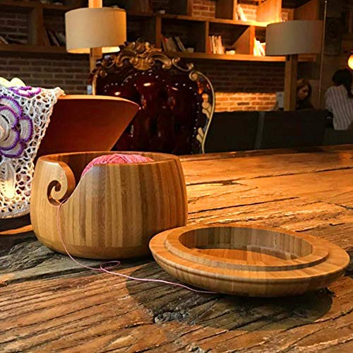 Jannyshop Yarn Bow Knitting Crochet with Carved Holes Cover Bowl Premium Rosewood Crafted Yarn Storage Bowls with Decorative Carved Handmade Grills Knitting Crochet Accessories Supplies