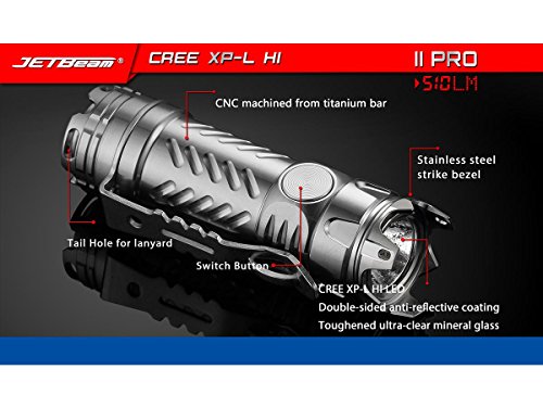 JETBeam II PRO Annodized Titanium Limited Edition XP-L HI LED Flashlight - Personal Defense - 510 Lumen w/ Exclusive Jetbeam Keychain Light - Thumbnail 3