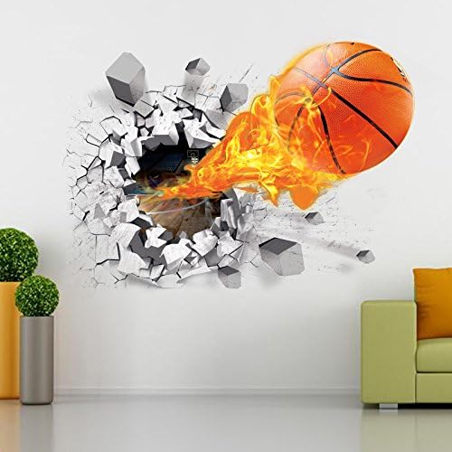 ANPI 3D Basketball Wall Stickers, 3D Self-Adhesive Removable Break Through The Wall Vinyl Wall Stickers Murals Art Decals Decorator Flying Fire Basketball