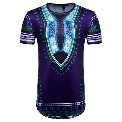 GREFER Men's Summer Casual African Print O-Neck Pullover Short Sleeve Features T-Shirt Top Blouse Long Section (M, Purple)
