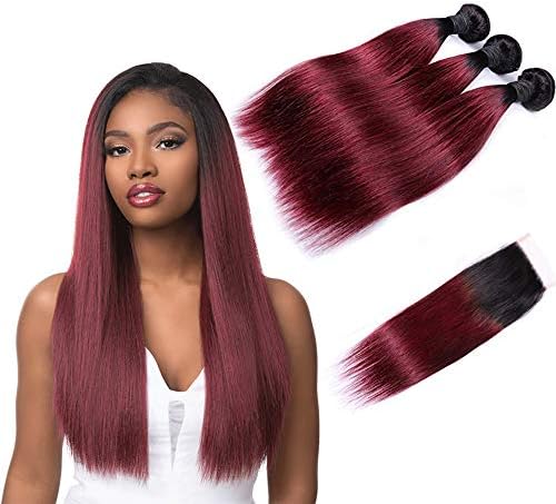 Ombre Peruvian Hair Bundles with Closure 1B/99J Straight Bundles with Lace Closure 9A Burgundy Human Remy Hair Weave 3 Bundles with Middle Free Three Part Closure (22 24 24+18 inches)