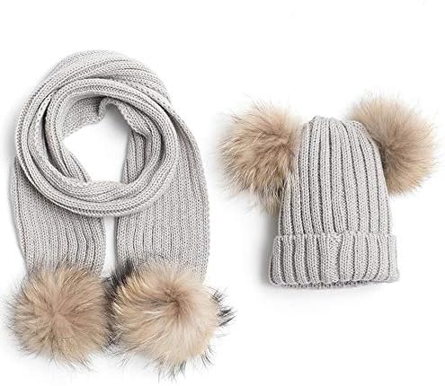 Baby Winter Knit Skull Cap Double Pom Cap Kids Beanie Hat with Warm Scarf for Toddler Infant Girls and Boys