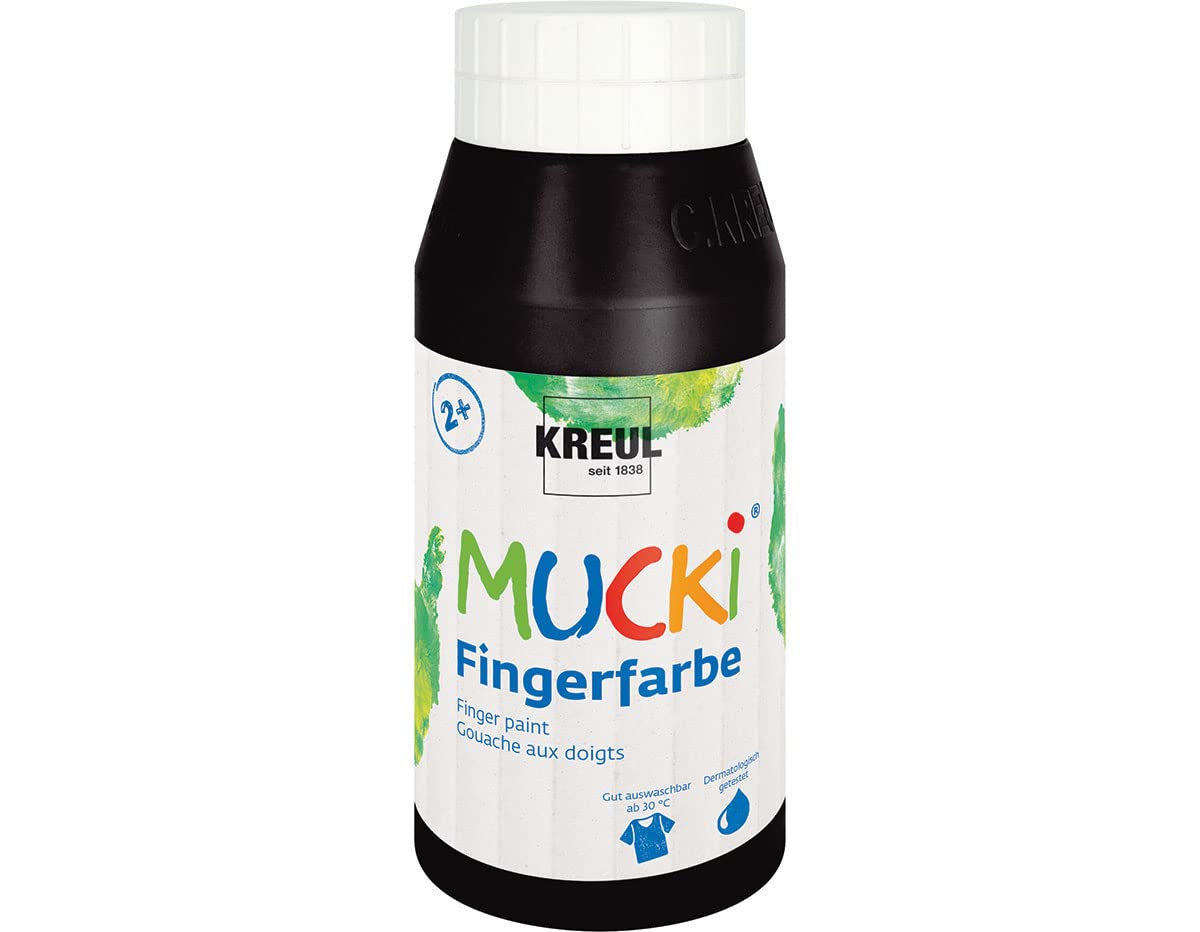 Kreul Mucki 23212 Bright Finger Paint, 750 ml in Black, Water-Based, Paraben Gluten Lactose and Vegan, Washable, Can be Used with Brush, Sponge, Spatula and Fingers