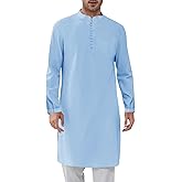 Runcati Mens Kaftan Thobe Button Down Henley Shirts Robe Long Sleeve Casual Cotton Linen Muslim Gown Shirt