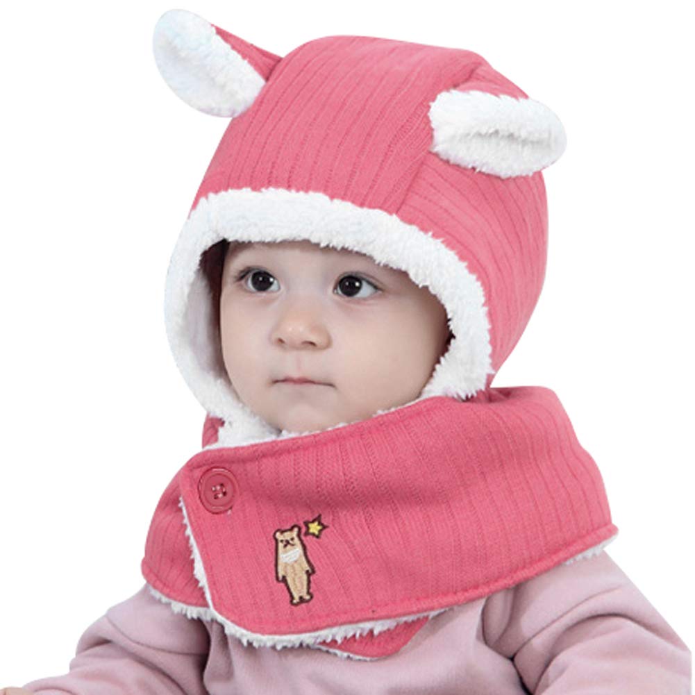 IBLUELOVER Baby Knitted Hat Scarf Set Winter Warm Bear Beanie Cap Fleece Lining Toddler Earflap Hat Plush Skull Cap and Neck Warmer Set for Boys Girls 2-6 Years