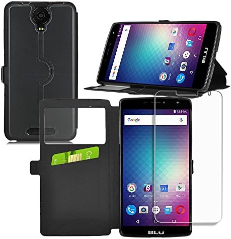 Gzerma for BLU Studio XL 2 Case +Screen Protector, Slim Flip Folio PU Leather Cover with View Window, KicKstand, Card Slot, [Shatter Proof] Protective Film for BLU Studio XL2 6.0 S0270UU 6 inch, Black