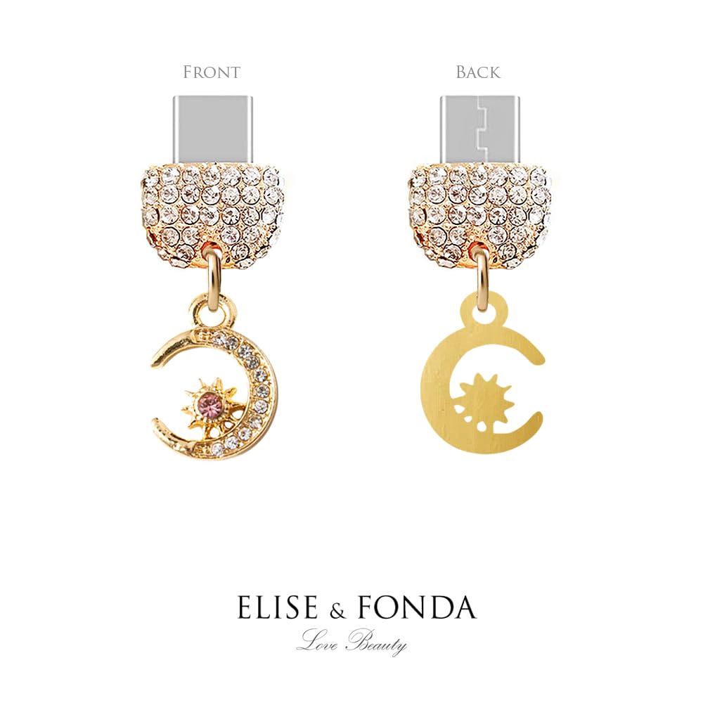 TP218 Type-C Charging Port Crystal Anti Dust Plug Tiny Moon and Star Cell Phone Charm for Samsung Galaxy/OnePlus/Xiaomi/oppo Android Phone iPhone 15/16 (Gold)