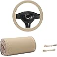 Gasedin Genuine Leather Steering Wheel Cover, Stitch On Wrap for Steering Wheel up to Diameter 15 Inches, DIY Sewing Steering Wheel Protector, Car Accessories (Beige, Glossy)