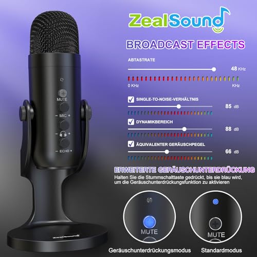 zealsound USB-C Condenser Microphone for PC, Mobile Phone, PS4, PS5, for Gaming, Podcast, Recording, Streaming, ASMR with Mute/Gain/Echo, Adapter for Phone, Compatible with Mac, Winows