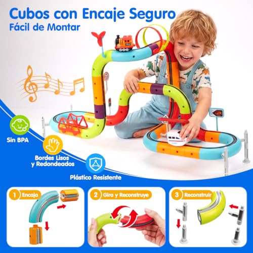 hahaland Electric Toy Train Children 115 Pieces, Anti-Gravity 3D Track with 2 Rechargeable Vehicles, Lights and Music, STEM Building Set, Gift Boy Girl 3 4 5 6 Years Old