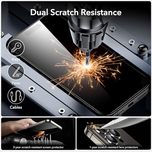 ESR Armorite Screen Protectors for iPhone 15 Pro Max, Ultra-Resistant Tempered Glass, Adjustable, 3 Pack with 3 Set of Individual Camera Lens Protectors
