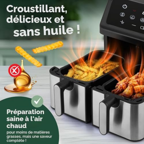 ProfiCook Friteuse à air chaud | Système de préparation simultanée | 9 litres | Friteuse à air chaud 2 compartiments | Frire sans graisse | Cuve avec anti-adhésif | Airfryer | PC FR 1296 H