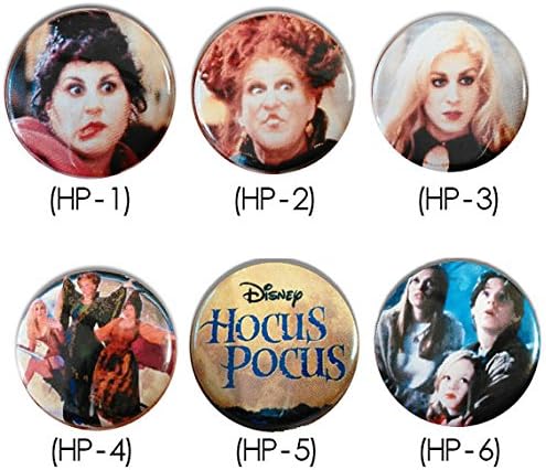 Hocus Pocus 6 Button Set - Sanderson Sisters - Max - Halloween - Salem, Massachusetts - Winifred - Mary - Sarah