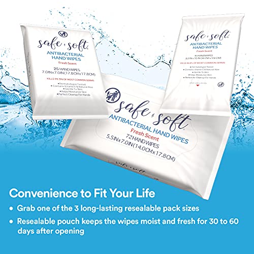 SAFE & SOFT Antibacterial Hand Sanitizer Wipes Travel Size 25ct, (6