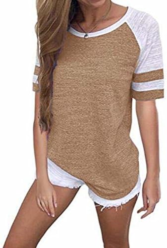 Voopptaw Women's Casual Round Neck Loose Fit Short Sleeve T-Shirt Blouse Tops Khaki X-Large