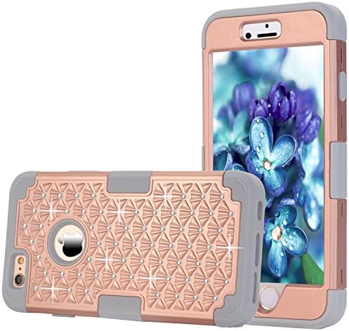 iPhone 6 Plus/6S Plus Case 5.5 Inch ALLW Hybrid Silicone Polycarbonate Protective case Shock Resistant Embedded with Bling Crystal Rhinestones Durable Sparkly Stylish (Rose Gold+Grey)