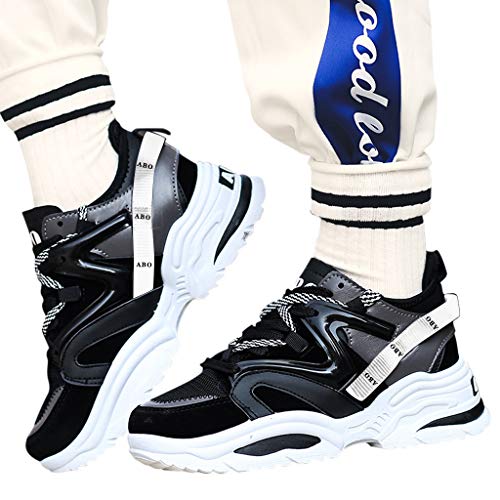 Yomiafy Men's Thick Sole Breathable Sports Shoes Fashion Lacing Student Running Shoes(Black,US:7)