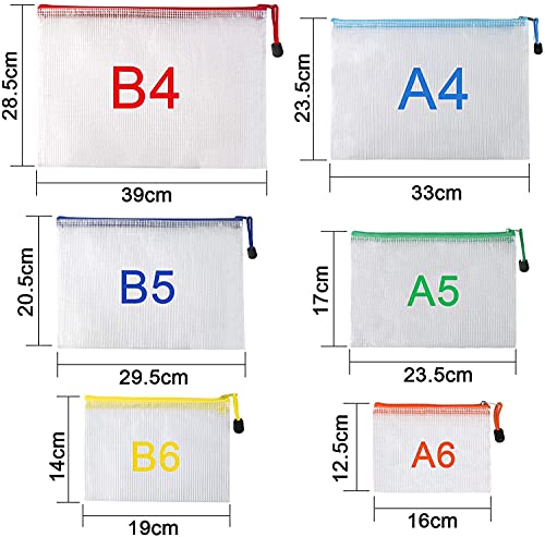 Koogel Zipper File Bags, 12Pcs Plastic Zip Envelopes Multiple Sizes Plastic Document Bags for School and Office Supplies A4 A5 A6 B4 B5 B6