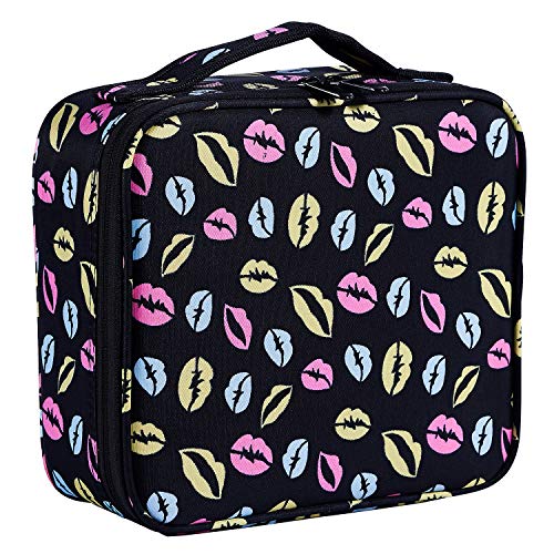 Lip Print Makeup Bag,Goldwheat Portable Travel Makeup Train Case Cosmetic Bag Organizer with Adjustable Compartment Brush Holder