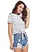 ROMWE Women's Knot Front Long Sleeve Striped Crop Top Tee T-shirt, Blue & White, Large(US8-10)