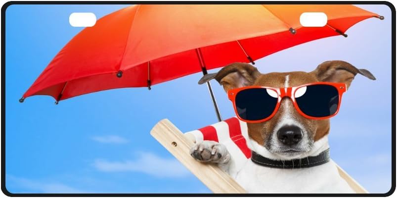 11.8 X 6.1 inches Durable License Plate Frame Metal Personalized Car Tag, Puppy Dog Summer Beach Umbrella With Sunglasses (2 Holes)