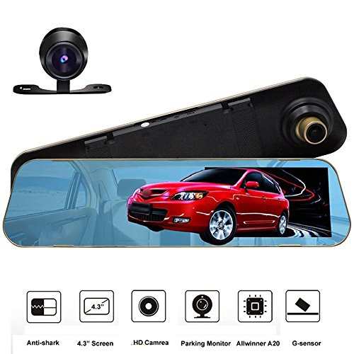 Click Here to See More Images 4.3 inch Full HD 1080P Dash Cam | Car Video Camera | driving recorder with Dual Lens for Vehicles| Front & Rearview Mirror Car DVR with G-Sensor, Loop Recording