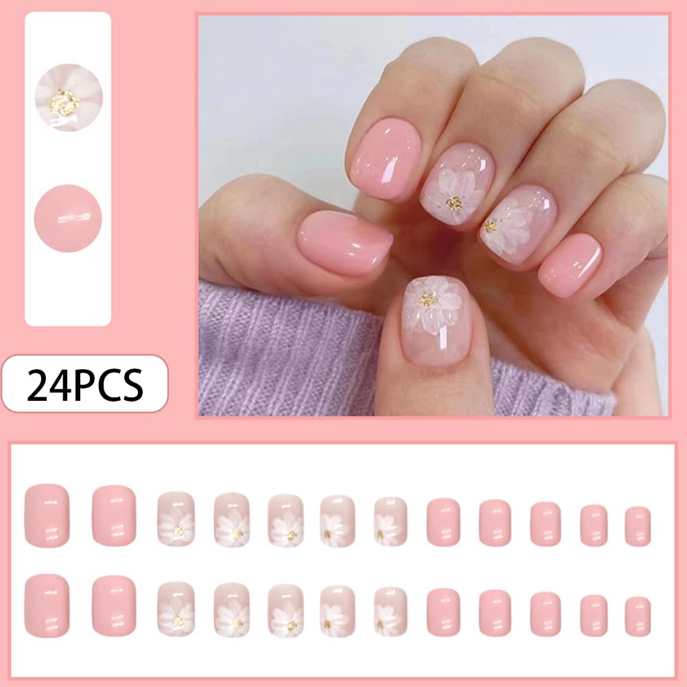 Press On Nails Short，Acrylic Nails Press on ，Short Square Press on Nails Fake Nails Glossy Pink False Nails with Iced Camellia Press ons Designs Artificial Nails Stick on Nails for Women Girls 32Pcs - Image 2