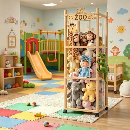 Stuffed Animal Storage, Wooden Large Stuffed Animal Holder Organizer with Wheels, Extra Large Capacity Plush Toy Cage, Stuffed Animal Holder, Gift for Nursery Playroom Kidroom Bedroom