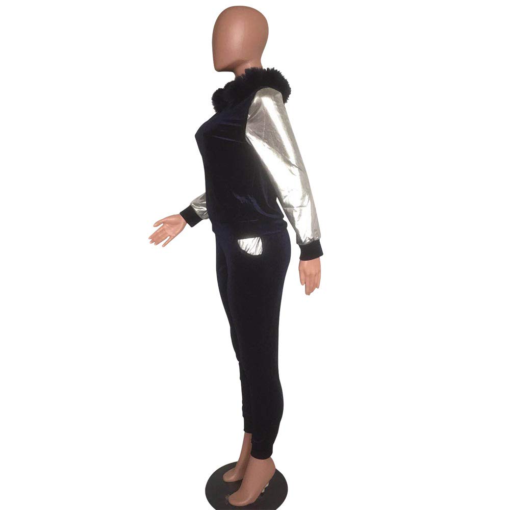 Womens 2 Piece Outfits Tracksuit - Sequin Velvet Hoodie Pullover Top Long Pants Suit Jumpsuits Sweatsuits Navy Blue 2X-Large