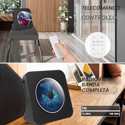 Lettore CD Bluetooth con design da scrivania, Lettore CD Radio portatile con doppie casse e timer, Supporta ingresso AUX/USB, Trasmissione Bluetooth, Album musicali in multipli formati